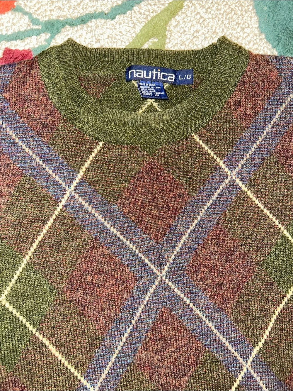 Vintage 90s Nautica Green Argyle Long Sleeve Crew Neck Wool Sweater Size Large